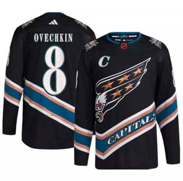 Mens Washington Capitals #8 Alex Ovechkin Black 2022-23 Reverse Retro Stitched Jersey Dzhi